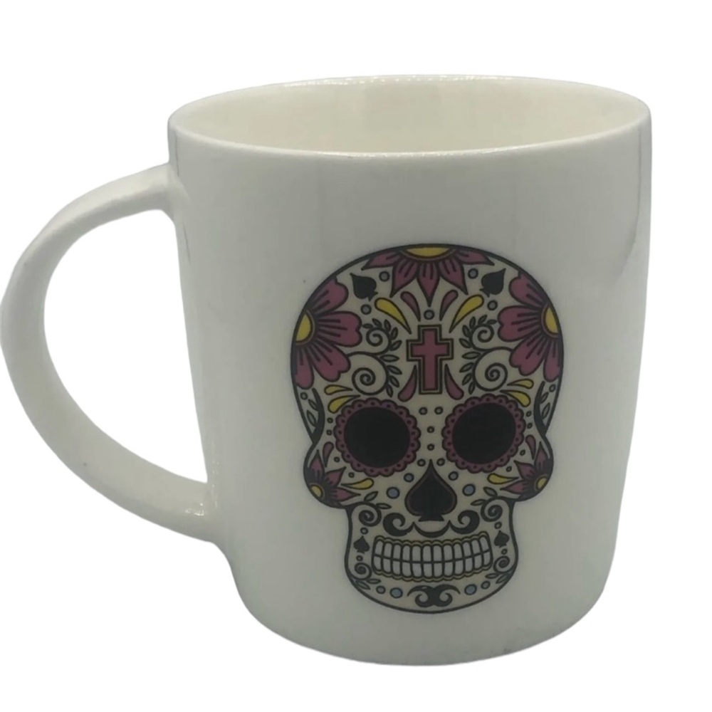 Soho Loft Sugar Skull Coffee Mug, Pink Cross, Flowers, Mustache, Goatee